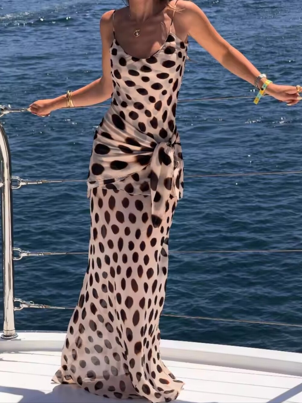 Trendy Slip Dress Animal Print V-neck Ruched Drawstring Sexy Maxi Women Dresses